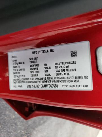 2021 TESLA MODEL 3 5YJ3E1EA4MF060568