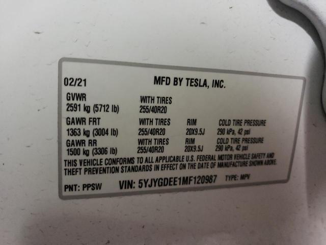 2021 TESLA MODEL Y 5YJYGDEE1MF120987