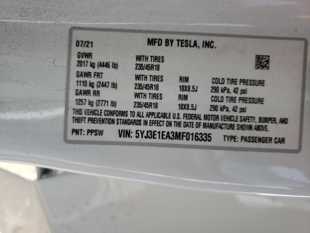 2021 TESLA MODEL 3 5YJ3E1EA3MF016335
