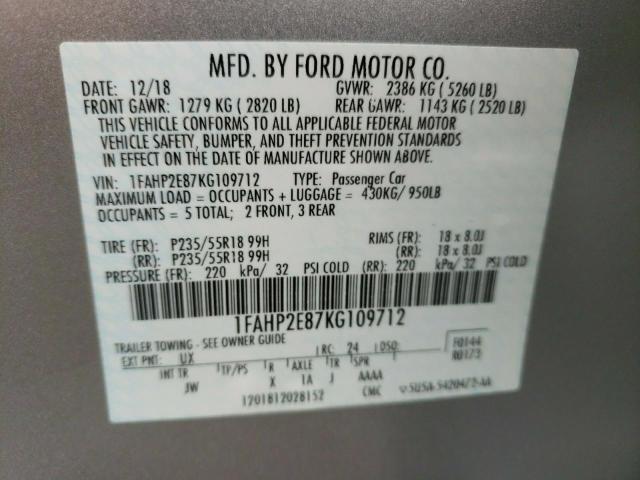 1FAHP2E87KG109712 Ford Taurus Sel 2019. Фото: 9