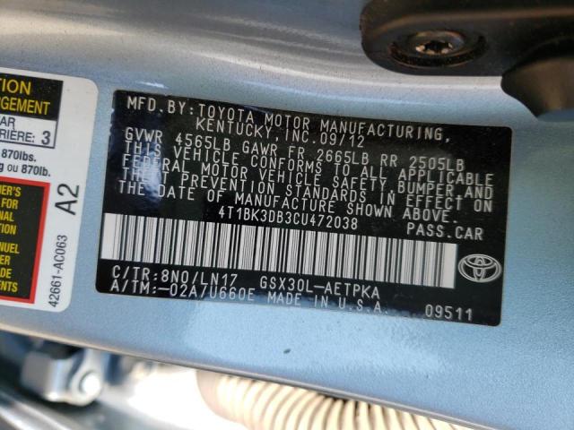 2012 TOYOTA AVALON BAS 4T1BK3DB3CU472038