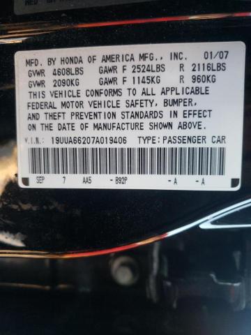 VIN: 19UUA66207A019406 Auction: COPART Lot: 55508222 Location: IN - DYER VIN: 19UUA66207A019406 ACURA TL 2007 BLACK Photo 10