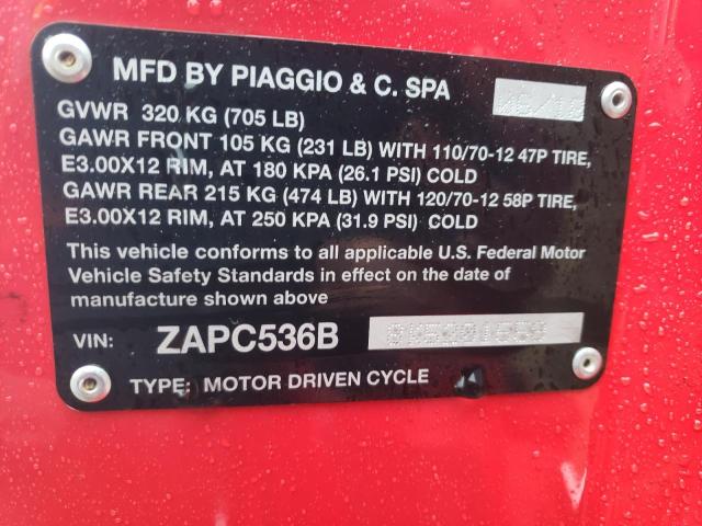 2019 VESPA SCOOTER ZAPC536B8K5201559