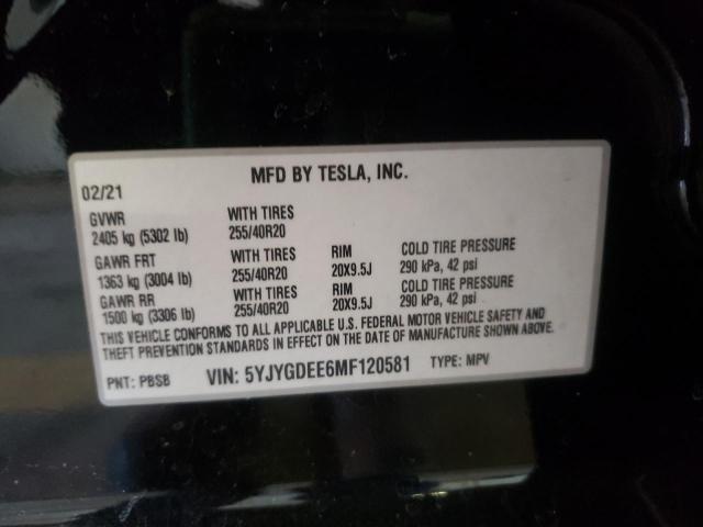 2021 TESLA MODEL Y 5YJYGDEE6MF120581