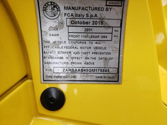 2016 ALFA ROMEO 4C SPIDER ZARBAAB45GM175865