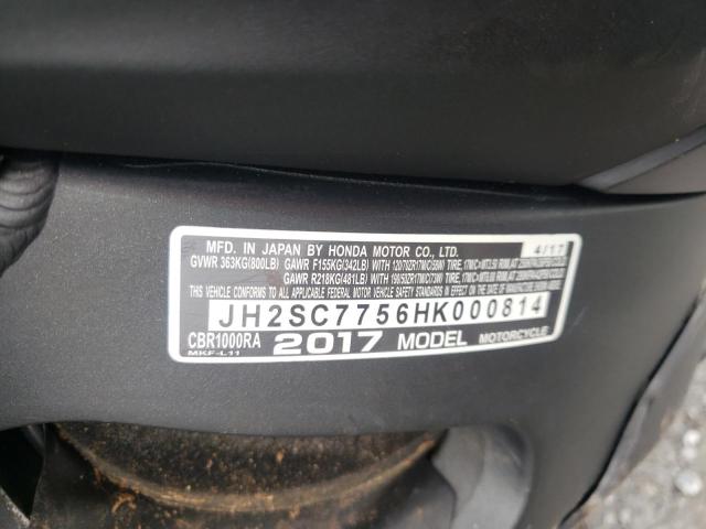 2017 HONDA CBR1000 RA JH2SC7756HK000814