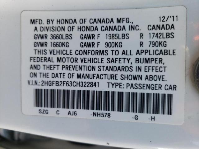 2012 HONDA CIVIC HF 2HGFB2F63CH322841