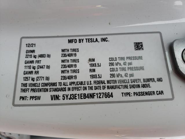 2022 TESLA MODEL 3 5YJ3E1EB4NF127664