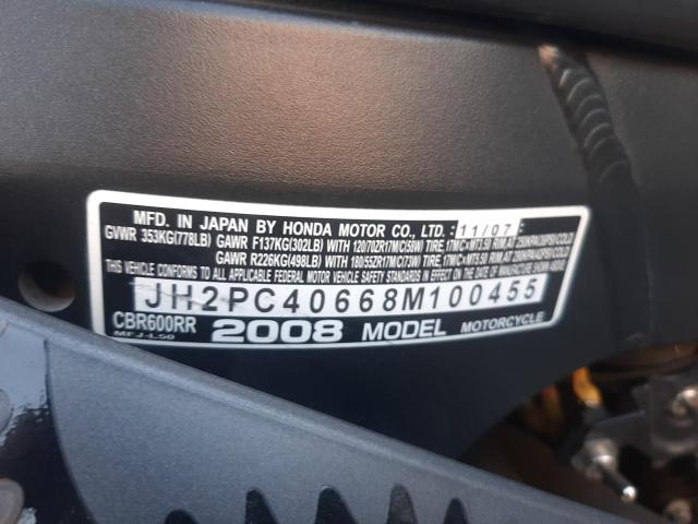 2008 HONDA CBR600 RR JH2PC40668M100455