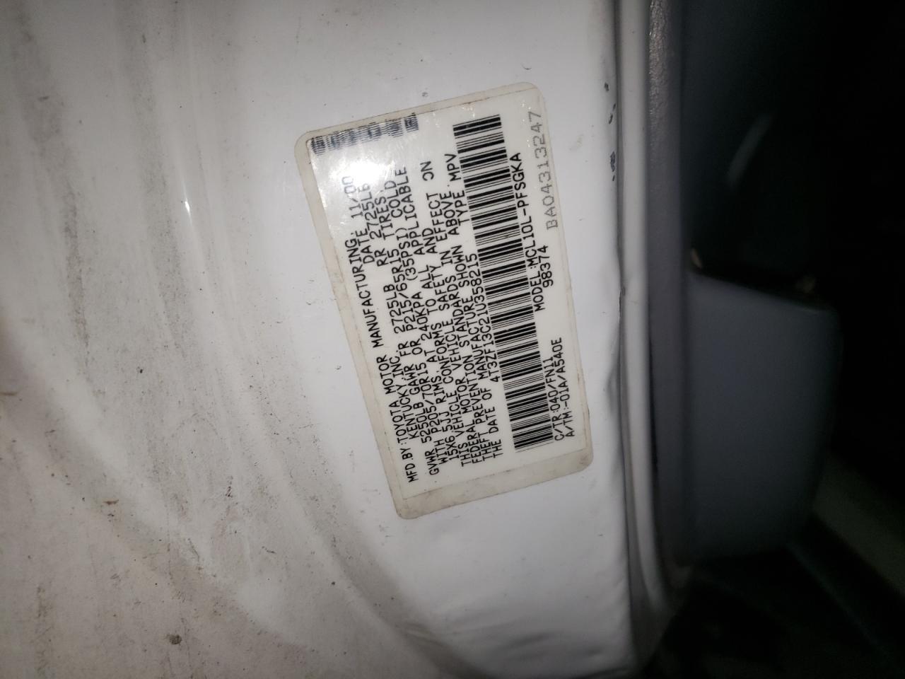 4T3ZF13C21U358215 2001 Toyota Sienna Le