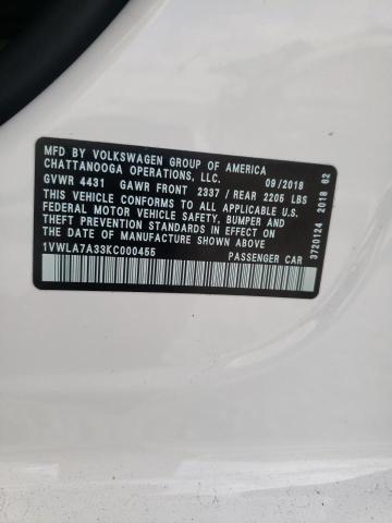 2019 VOLKSWAGEN PASSAT WOL 1VWLA7A33KC000455
