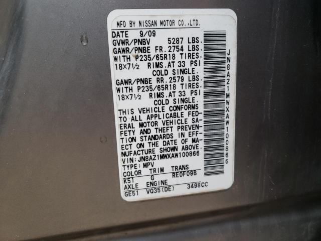 2010 NISSAN MURANO S - JN8AZ1MWXAW100866