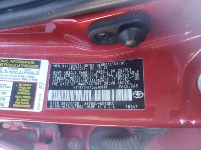 4T1BF1FK7CU610038 Toyota Camry Base 2012. Фото: 9