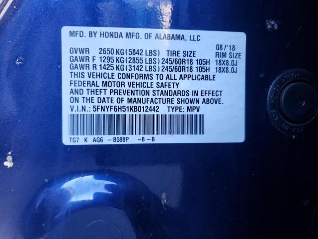 5FNYF6H51KB012442 Honda Pilot Exl 2019. Фото: 9