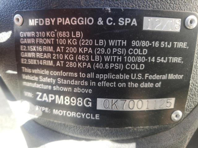 2019 PIAGGIO MOTORCYCLE ZAPM898G0K7001125