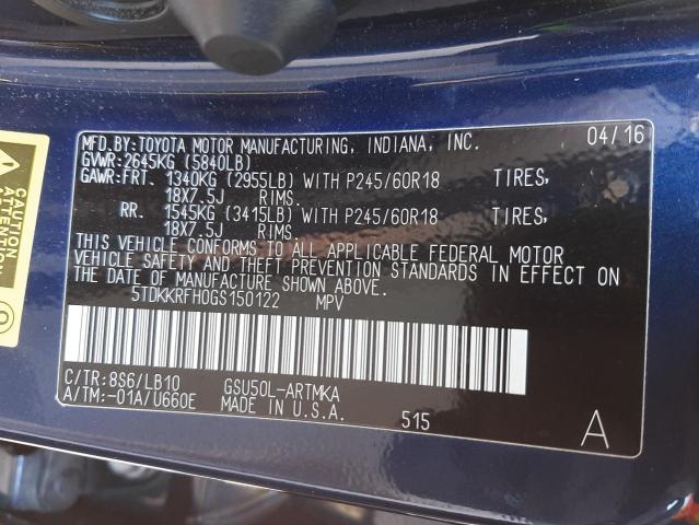 2016 TOYOTA HIGHLANDER 5TDKKRFH0GS150122