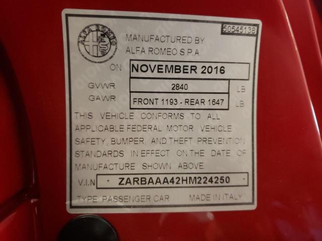 2017 ALFA ROMEO 4C ZARBAAA42HM224250