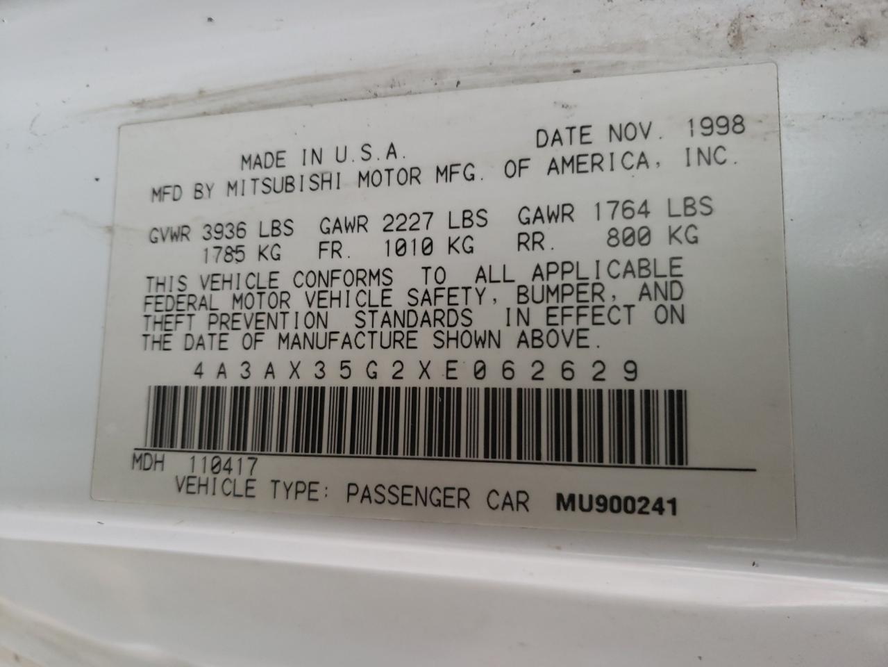 1999 Mitsubishi Eclipse Spyder Gs VIN: 4A3AX35G2XE062629 Lot: 87689125