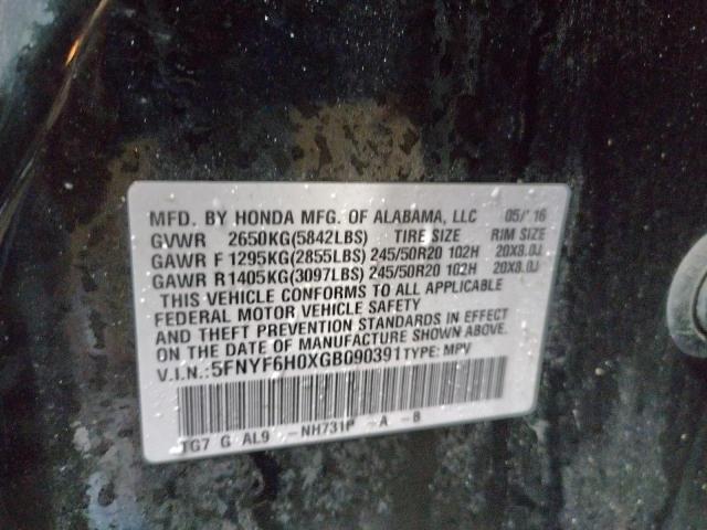 2016 HONDA PILOT ELIT 5FNYF6H0XGB090391