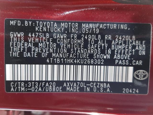 2019 TOYOTA CAMRY L 4T1B11HK4KU268302