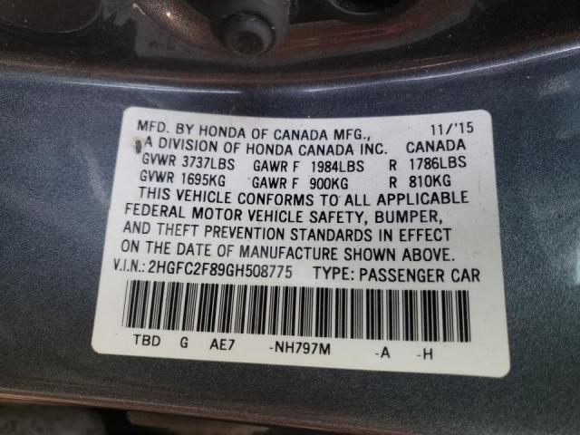 2HGFC2F89GH508775 Honda Civic Ex 2016. Фото: 9