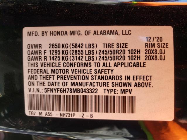 2021 HONDA PILOT BLAC 5FNYF6H78MB043322