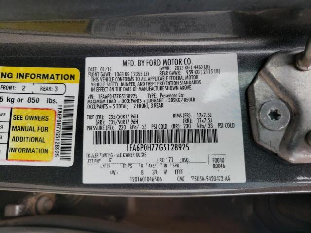 1FA6P0H77G5128925 Ford Fusion Se 2016. Фото: 9