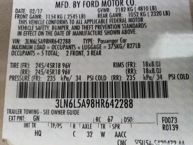 2017 LINCOLN MKZ PREMIE 3LN6L5A98HR642288