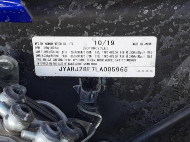2020 YAMAHA YZFR6 JYARJ28E7LA005965