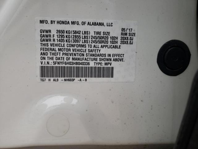 2017 HONDA PILOT ELIT 5FNYF6H03HB040336
