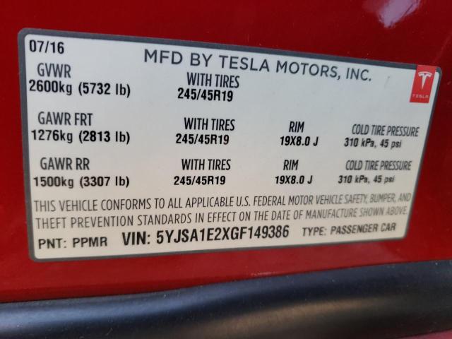 2016 TESLA MODEL S 5YJSA1E2XGF149386