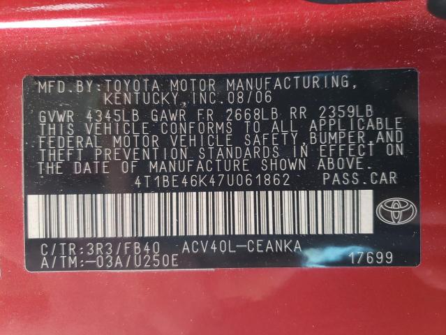 4T1BE46K47U061862 Toyota Camry Ce 2007. Фото: 9