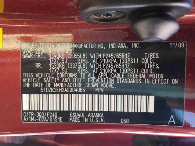 5TDZK3EH2AS004065 Toyota Highlander 2010. Фото: 9
