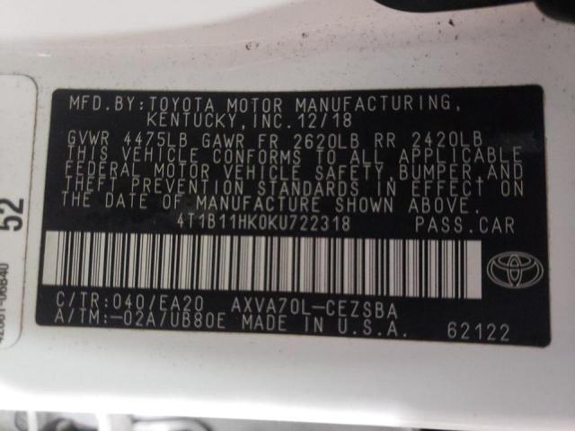 2019 TOYOTA CAMRY L 4T1B11HK0KU722318