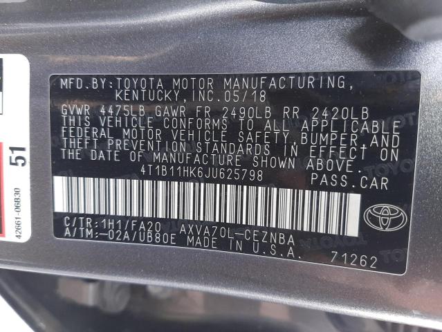 4T1B11HK6JU625798 Toyota Camry L 2018. Фото: 9