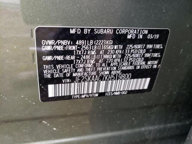 2019 SUBARU FORESTER JF2SKAAC7KH519800