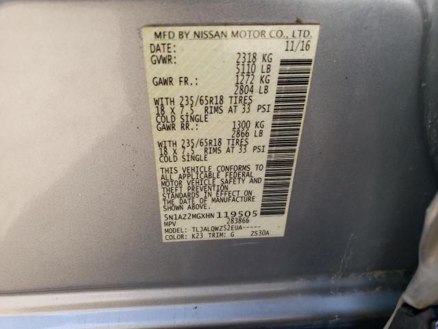 5N1AZ2MGXHN119505 Nissan Murano S 2017. Фото: 9