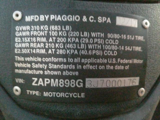 2018 VESPA MOTORCYCLE ZAPM898G3J7000176