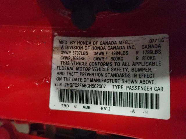 2HGFC2F56GH562007 Honda Civic Lx 2016. Фото: 9