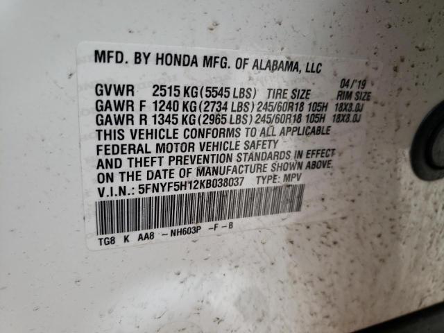 2019 HONDA PILOT LX 5FNYF5H12KB038037