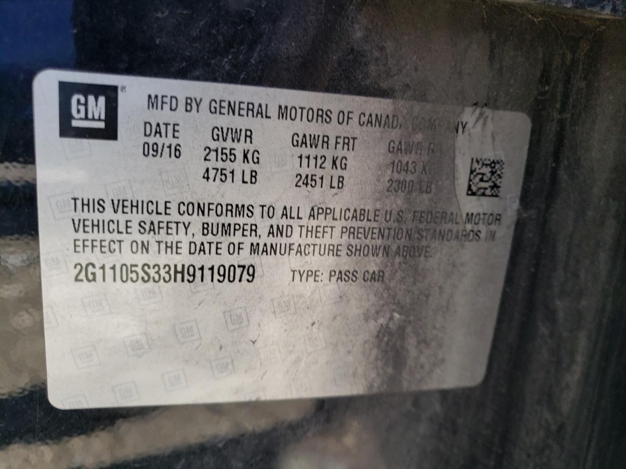 2G1105S33H9119079 2017 Chevrolet Impala Lt