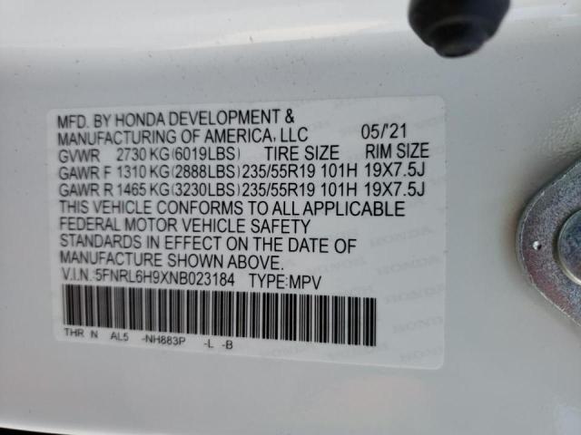 2022 HONDA ODYSSEY EL 5FNRL6H9XNB023184