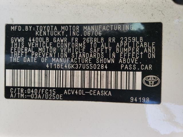 4T1BE46K37U550284 Toyota Camry Ce 2007. Фото: 9