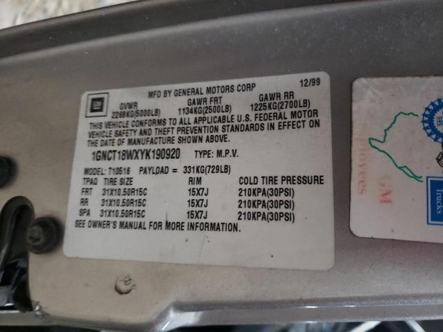 2000 Chevrolet Blazer VIN: 1GNCT18WXYK190920 Lot: 61213354