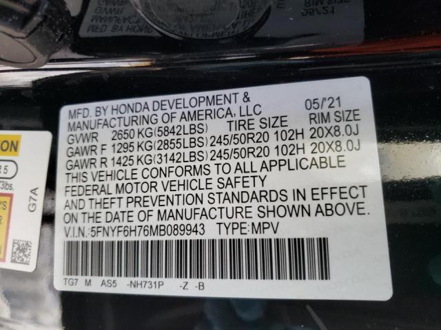 2021 HONDA PILOT BLAC 5FNYF6H76MB089943