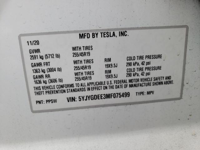 2021 TESLA MODEL Y 5YJYGDEE3MF075499