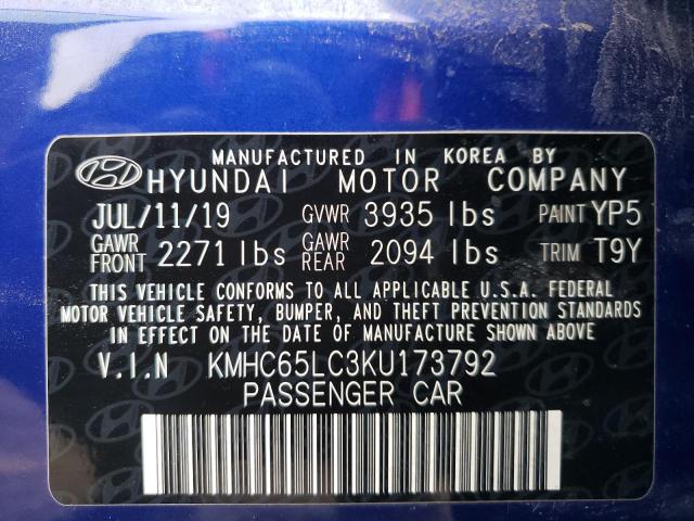 2019 HYUNDAI IONIQ BLUE - KMHC65LC3KU173792