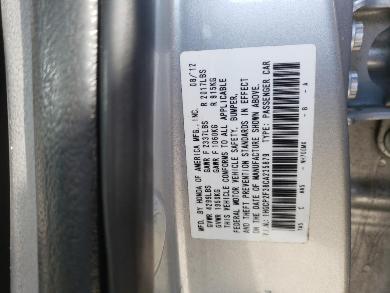 2012 Honda Accord Lx VIN: 1HGCP2F38CA235879 Lot: 59071474