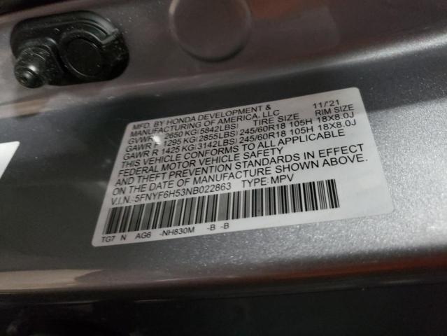 5FNYF6H53NB022863 Honda Pilot Exl 2022. Фото: 9