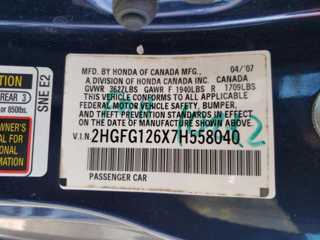 2HGFG126X7H558040 Honda Civic Lx 2007. Фото: 9
